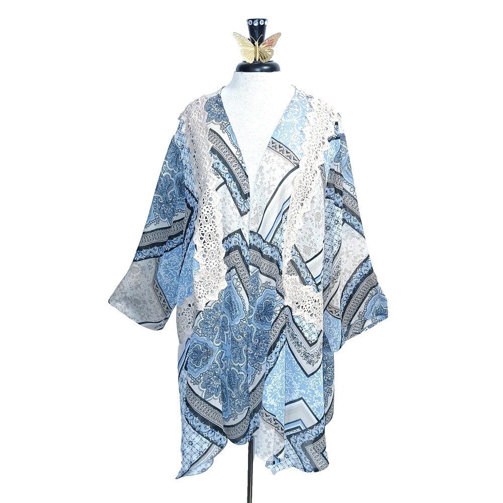 Catherines Patchwork Print Women Cardigan 30 32W Blue Khaki Crochet Bohemian